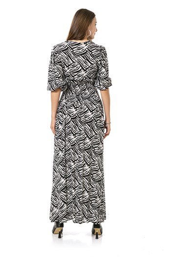 Balon Kollu Beli Gipeli V Yaka Siyah Beyaz Zebra Desenli Uzun Elbise