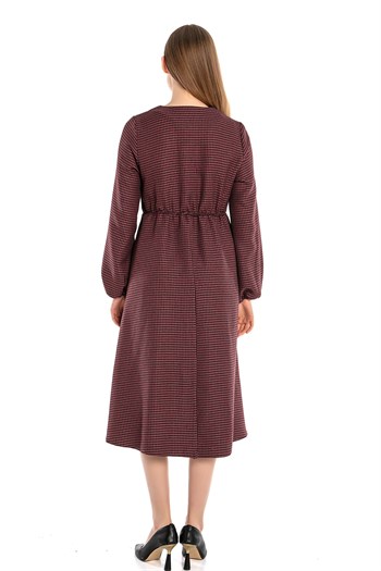 V-Neck Houndstooth Patterned Black Burgundy Dress with Elastic Waist and Cuffs