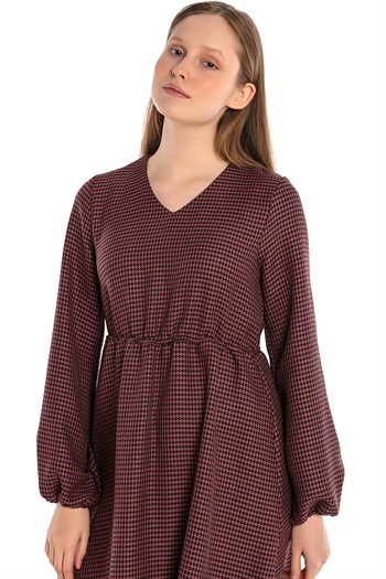 V-Neck Houndstooth Patterned Black Burgundy Dress with Elastic Waist and Cuffs