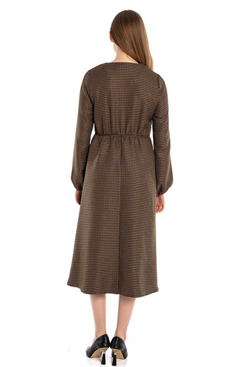 V-Neck Houndstooth Patterned Black Camel Dress with Elastic Waist and Cuffs