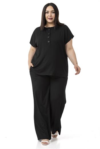 Büyük Beden Düşük Kollu Bluz Pantolon Siyah İkili Takım