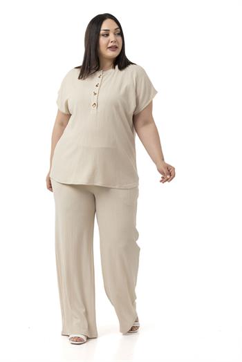 Büyük Beden Düşük Kollu Bluz Pantolon Bej Rengi İkili Takım