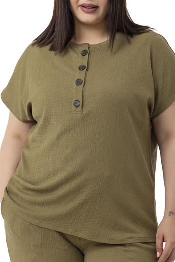 Büyük Beden Düşük Kollu Bluz Pantolon Haki İkili Takım