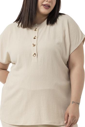 Büyük Beden Düşük Kollu Bluz Pantolon Bej Rengi İkili Takım