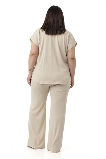 Büyük Beden Düşük Kollu Bluz Pantolon Bej Rengi İkili Takım