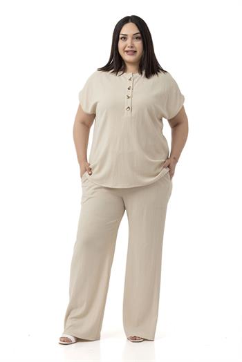 Büyük Beden Düşük Kollu Bluz Pantolon Bej Rengi İkili Takım