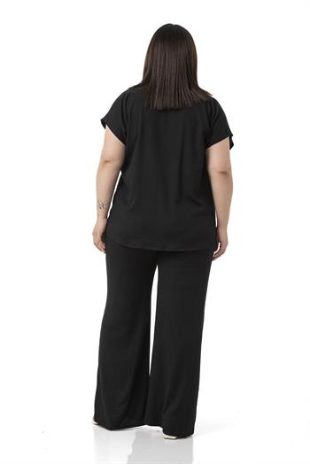 Büyük Beden Düşük Kollu Bluz Pantolon Siyah İkili Takım