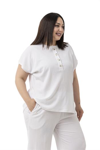 Büyük Beden Düşük Kollu Bluz Pantolon Beyaz İkili Takım