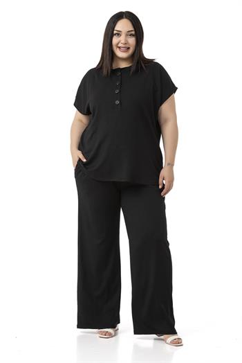 Büyük Beden Düşük Kollu Bluz Pantolon Siyah İkili Takım