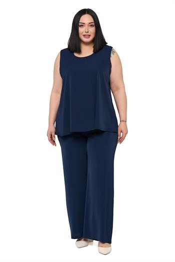 Büyük Beden Kolsuz Bluz Bol Paça Pantolon Lacivert İkili Takım