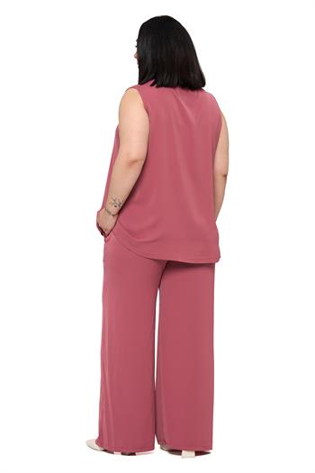 Büyük Beden Kolsuz Bluz Bol Paça Pantolon Gül Kurusu İkili Takım