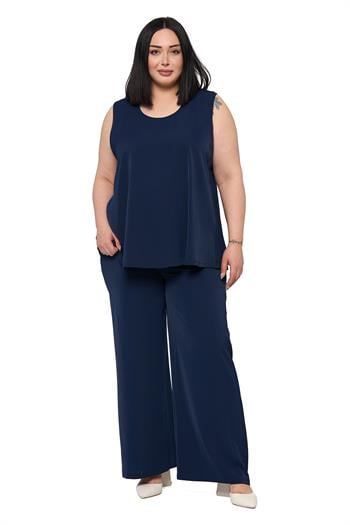 Büyük Beden Kolsuz Bluz Bol Paça Pantolon Lacivert İkili Takım