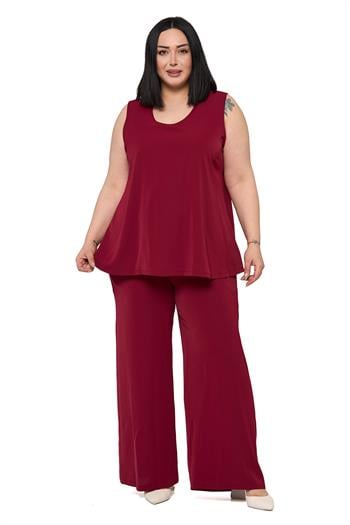 Büyük Beden Kolsuz Bluz Bol Paça Pantolon Bordo İkili Takım
