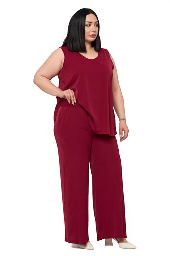 Büyük Beden Kolsuz Bluz Bol Paça Pantolon Bordo İkili Takım