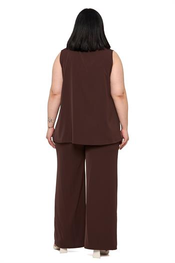 Büyük Beden Kolsuz Bluz Bol Paça Pantolon Kahverengi İkili Takım