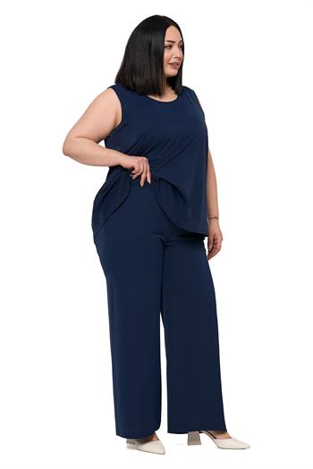 Büyük Beden Kolsuz Bluz Bol Paça Pantolon Lacivert İkili Takım