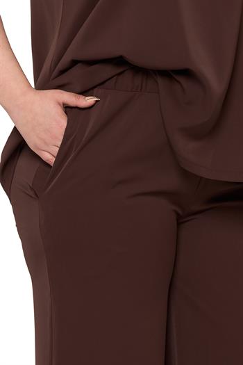 Büyük Beden Kolsuz Bluz Bol Paça Pantolon Kahverengi İkili Takım