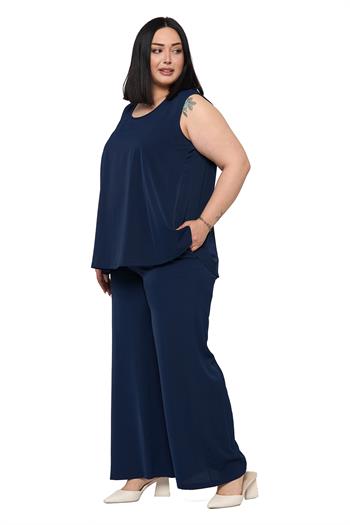 Büyük Beden Kolsuz Bluz Bol Paça Pantolon Lacivert İkili Takım