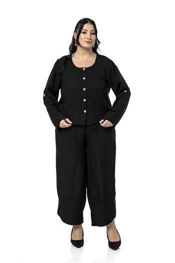 Büyük Beden Paça Detaylı Bluz Pantolon Siyah İkili Takım