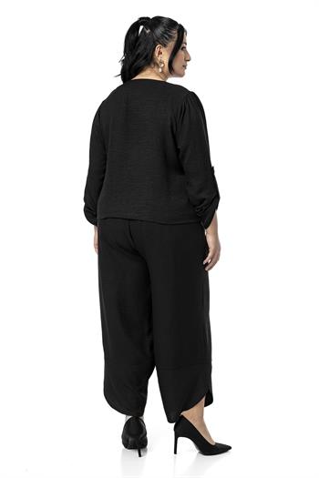 Büyük Beden Paça Detaylı Bluz Pantolon Siyah İkili Takım