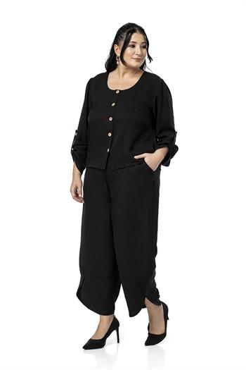 Büyük Beden Paça Detaylı Bluz Pantolon Siyah İkili Takım