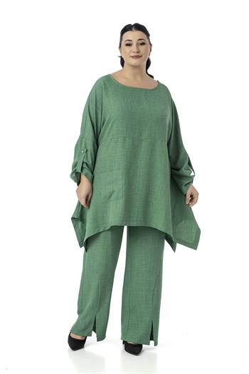 Büyük Beden Rahat Kesim Bluz Pantolon Yeşil İkili Takım