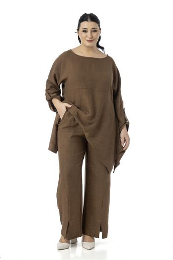 Büyük Beden Rahat Kesim Bluz Pantolon Kahverengi İkili Takım