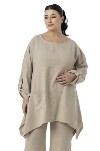 Büyük Beden Rahat Kesim Bluz Pantolon Bej Rengi İkili Takım