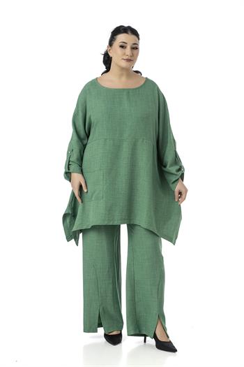 Büyük Beden Rahat Kesim Bluz Pantolon Yeşil İkili Takım