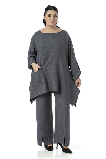 Büyük Beden Rahat Kesim Bluz Pantolon Gri İkili Takım