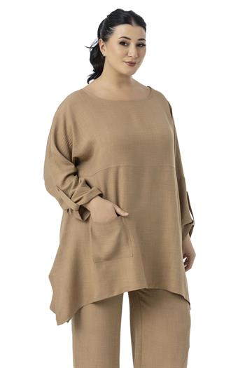 Büyük Beden Rahat Kesim Bluz Pantolon Vizon İkili Takım