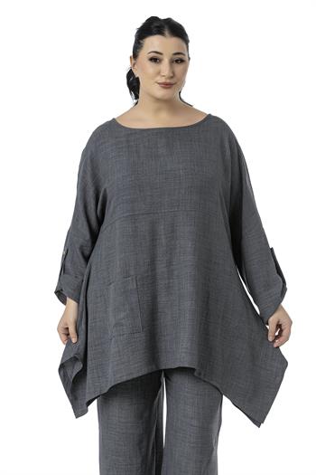 Büyük Beden Rahat Kesim Bluz Pantolon Gri İkili Takım