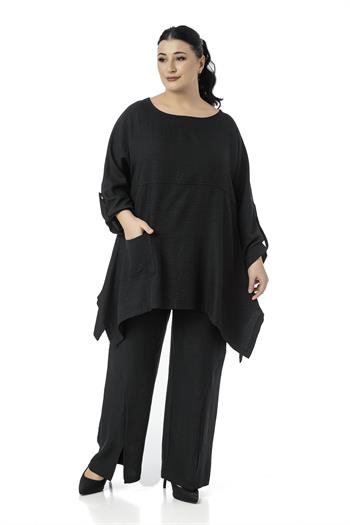 Büyük Beden Rahat Kesim Bluz Pantolon Siyah İkili Takım