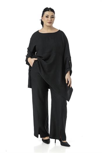 Büyük Beden Rahat Kesim Bluz Pantolon Siyah İkili Takım