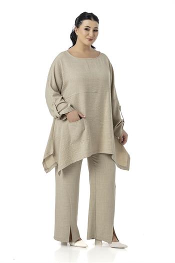 Büyük Beden Rahat Kesim Bluz Pantolon Bej Rengi İkili Takım
