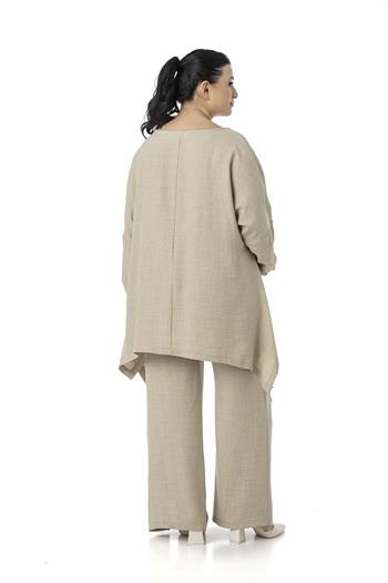 Büyük Beden Rahat Kesim Bluz Pantolon Bej Rengi İkili Takım