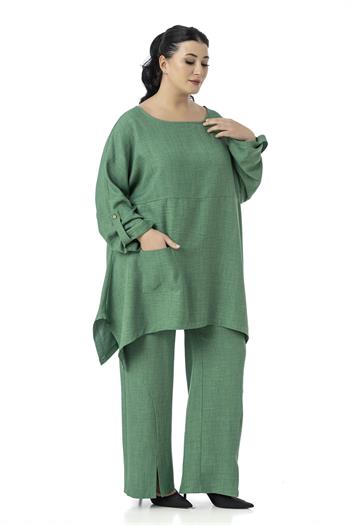 Büyük Beden Rahat Kesim Bluz Pantolon Yeşil İkili Takım