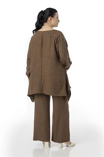 Büyük Beden Rahat Kesim Bluz Pantolon Kahverengi İkili Takım