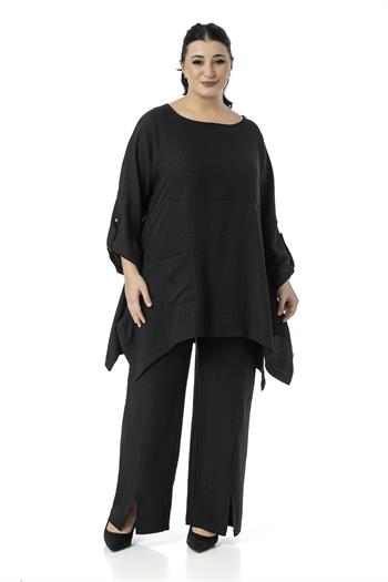 Büyük Beden Rahat Kesim Bluz Pantolon Siyah İkili Takım