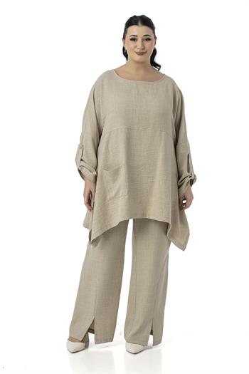 Büyük Beden Rahat Kesim Bluz Pantolon Bej Rengi İkili Takım