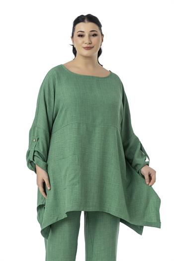 Büyük Beden Rahat Kesim Bluz Pantolon Yeşil İkili Takım