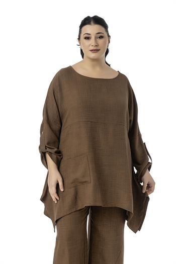 Büyük Beden Rahat Kesim Bluz Pantolon Kahverengi İkili Takım