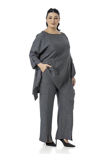 Büyük Beden Rahat Kesim Bluz Pantolon Gri İkili Takım