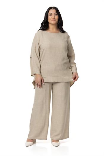 Büyük Beden Yanları Düğme Detaylı Bluz Pantolon Bej Rengi İkili Takım