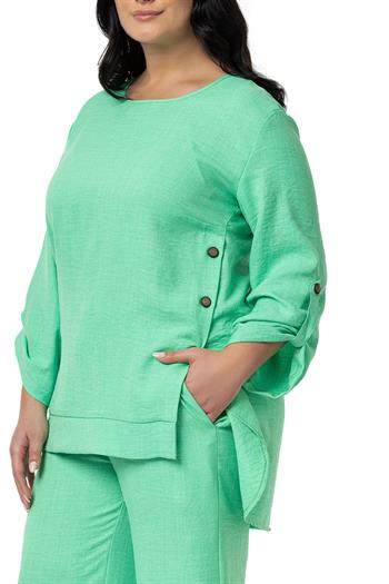 Büyük Beden Yanları Düğme Detaylı Bluz Pantolon Yeşil İkili Takım