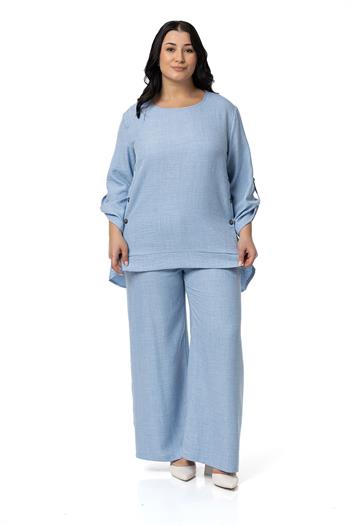 Büyük Beden Yanları Düğme Detaylı Bluz Pantolon Mavi İkili Takım