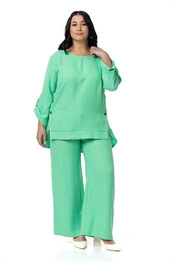 Büyük Beden Yanları Düğme Detaylı Bluz Pantolon Yeşil İkili Takım