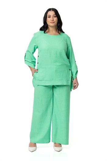 Büyük Beden Yanları Düğme Detaylı Bluz Pantolon Yeşil İkili Takım