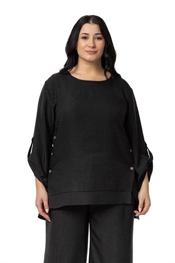 Büyük Beden Yanları Düğme Detaylı Bluz Pantolon Siyah İkili Takım