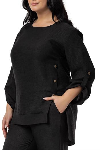 Büyük Beden Yanları Düğme Detaylı Bluz Pantolon Siyah İkili Takım